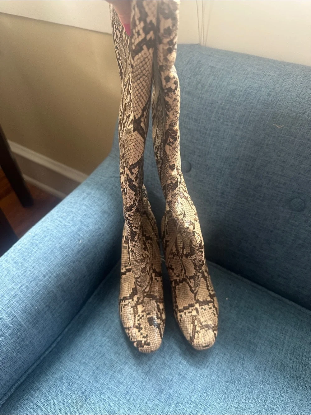 Shoe Dazzle Snake-Print Over-the-Knee Boots in Brown